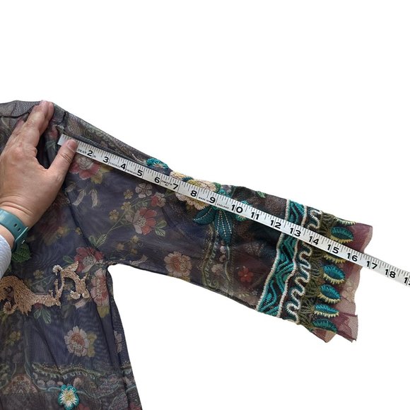 Johnny Was MEDIUM Renley Floral Embroidered Sheer Ruffle 3/4 Length Sleeve Top - Picture 10 of 12